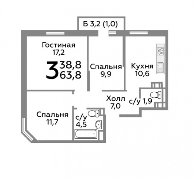 Купить 3-комнатную квартиру, №171133