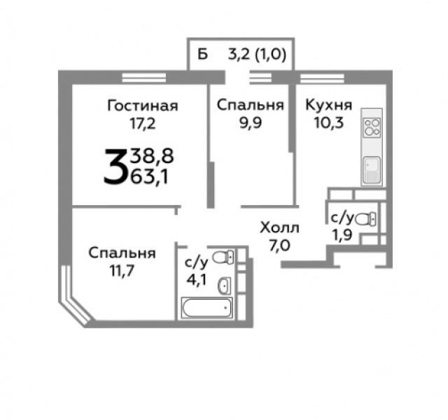 Купить 3-комнатную квартиру, №171868