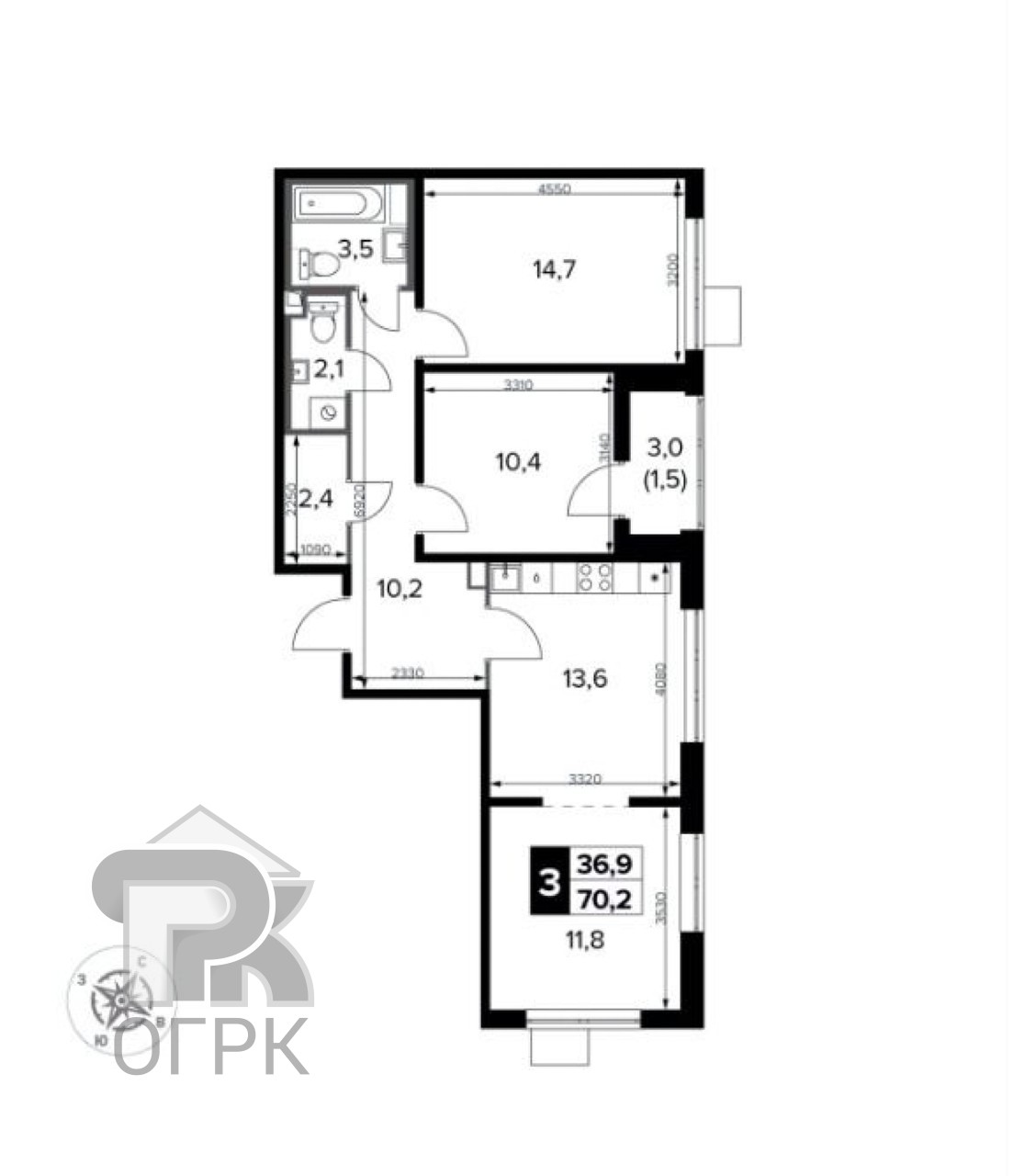 Купить 3-комнатную квартиру, №388051